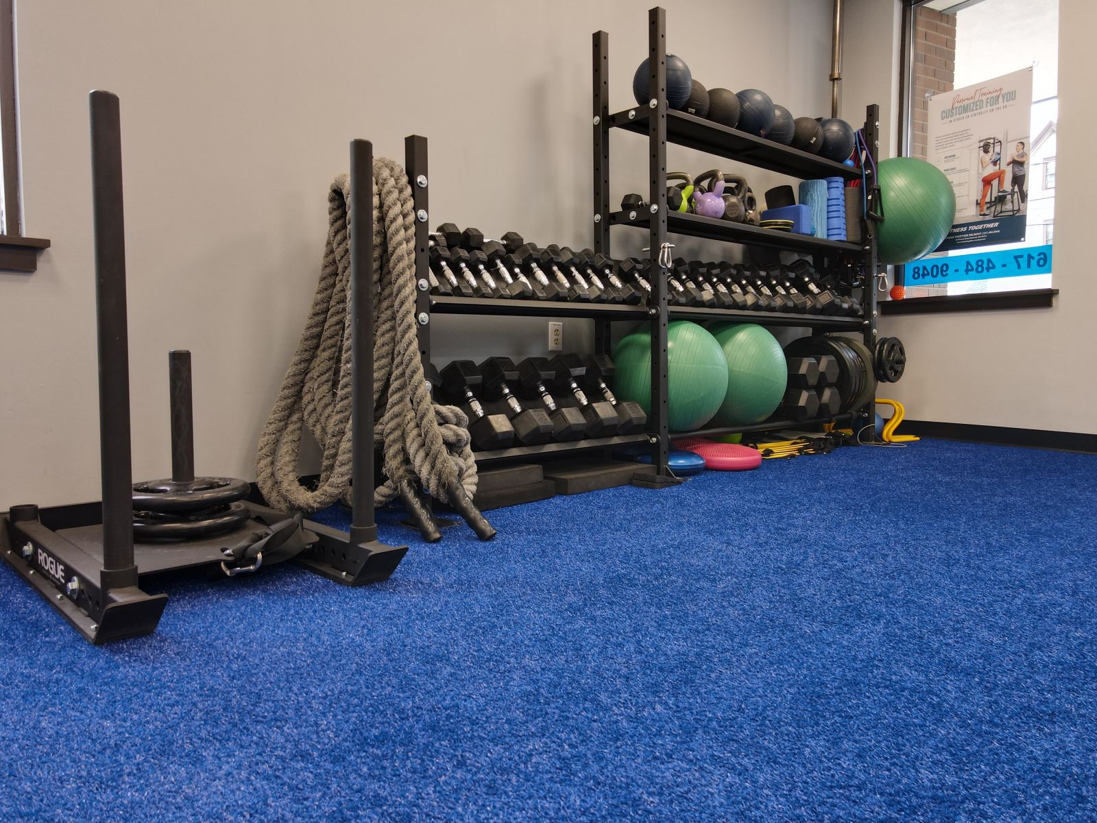 rope, dumbbells, and other equipment